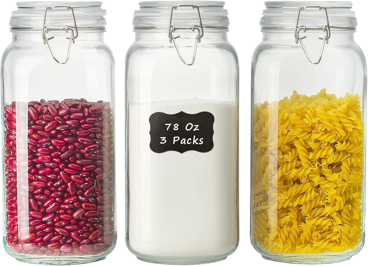 Contenedores de almacenamiento de vidrio grandes con tapas herméticas, 78 oz, paquete de 3 | Harina, azúcar, cereales, galletas, botes de cocina para organización de despensa, tarros cuadrados de vidrio herméticos de boca ancha