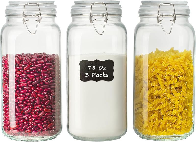 Contenedores de almacenamiento de vidrio grandes con tapas herméticas, 78 oz, paquete de 3 | Harina, azúcar, cereales, galletas, botes de cocina para organización de despensa, tarros cuadrados de vidrio herméticos de boca ancha