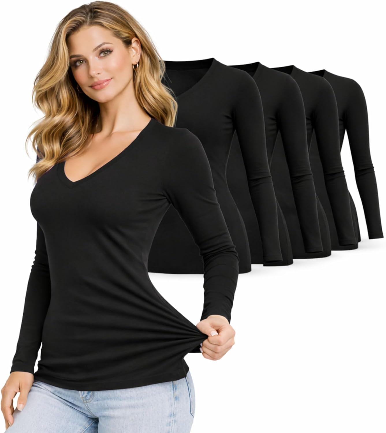 M&M SCRUBS Women’s V-Neck Long Sleeve Underscrub T-Shirt 5 Pack – Soft Stretch Cotton Blend Under Scrubs Tee