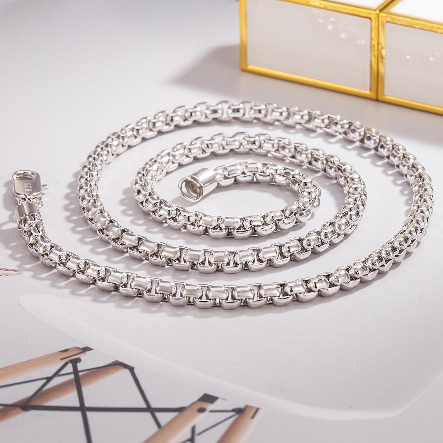 Dankadi Men 925 Sterling Silver 5MM Square Rolo Link Necklace Women Round Box Chain 16" 18" 20" 22" 24" 26" 28" 30" 38" Choker Unisex Jewelry Gift (Silver, 24 inch) - Image 5