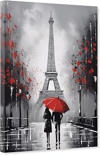 ARTZGX Paris Canvas Wall Art Red Umbrella Pictures Black and White Eiffel Tower Painting Couple Artwork for Bedroom Decor Frame(Paris - C 12.00" x 18.00")
