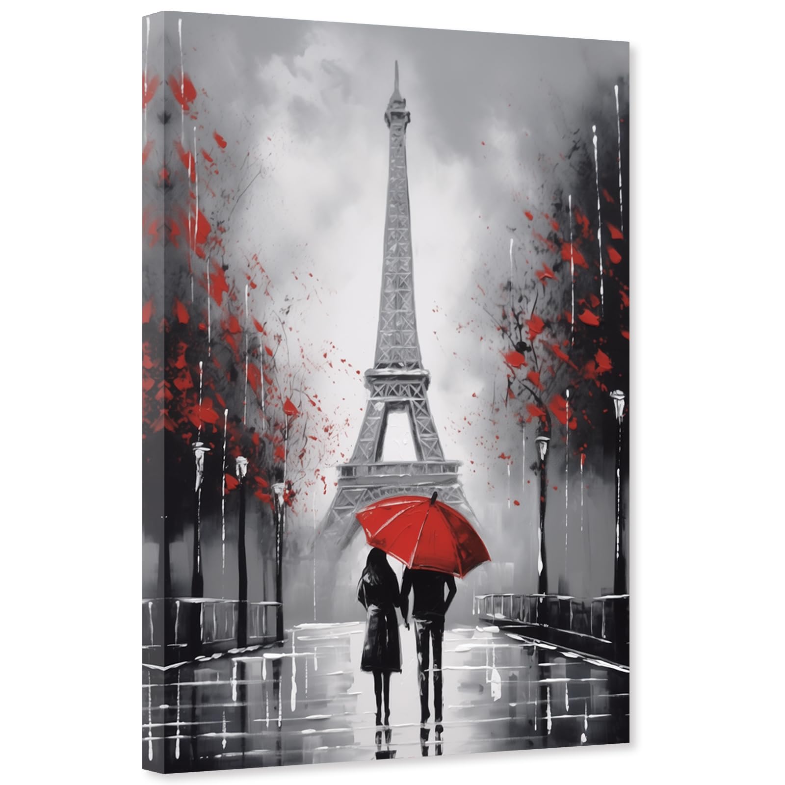 Paris Canvas Wall Art Red Umbrella Pictures Black and White Eiffel Tower Painting Couple Artwork for Bedroom Decor Frame(Paris - C 12.00" x 18.00")