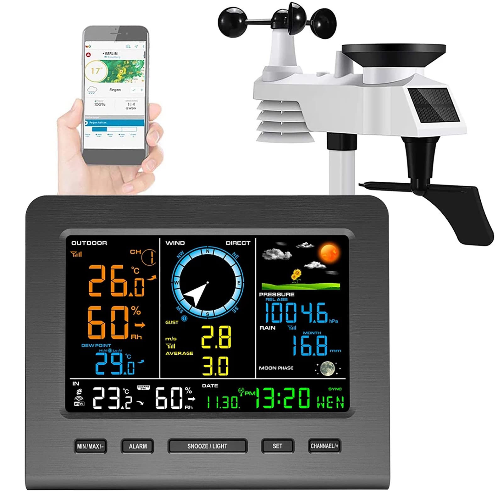 Stazione meteorologica WiFI digitale 8 in 1, Stazione meteorologica wireless con sensore wireless, Velocità del vento, Direzione del vento, Pioggia, Temperatura, Umidità, Barometrica, Illuminamento