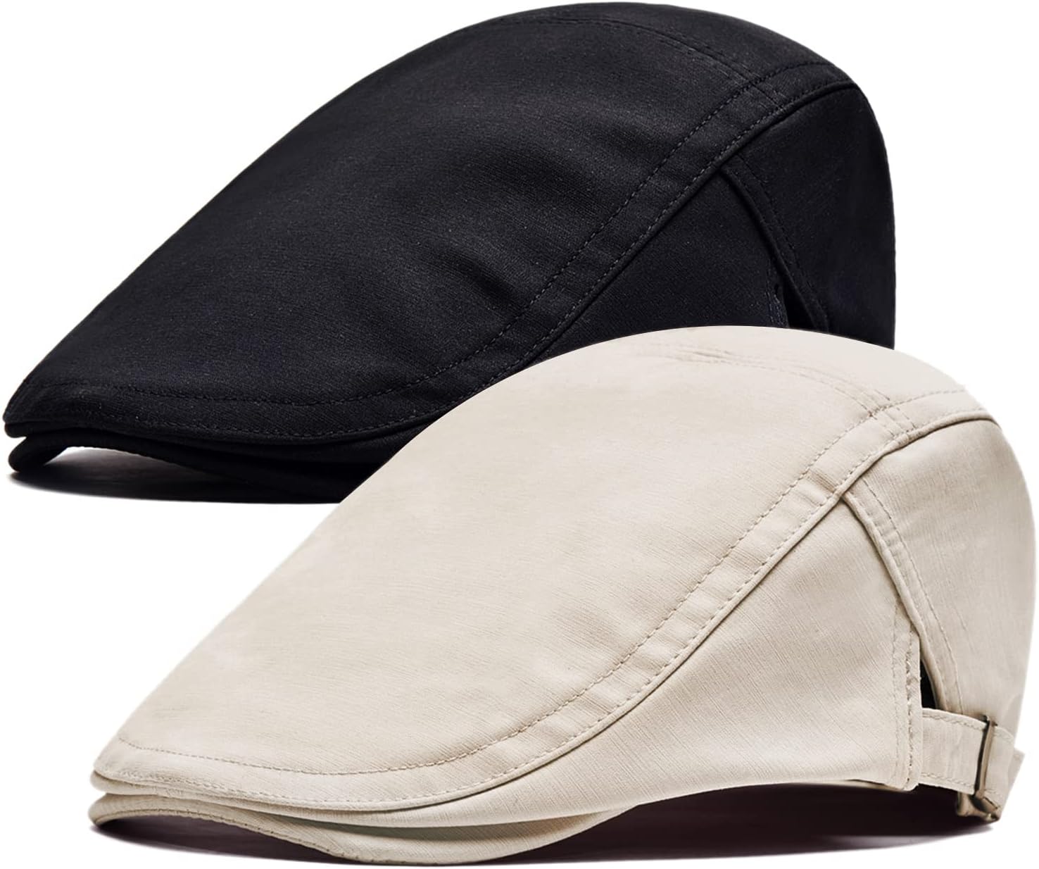 2 Pack Newsboy Hats for Men Flat Cap Cotton Adjustable Breathable Irish Cabbie Ivy Driving Gatsby Hunting Hat, B-light Beige/Black, One size