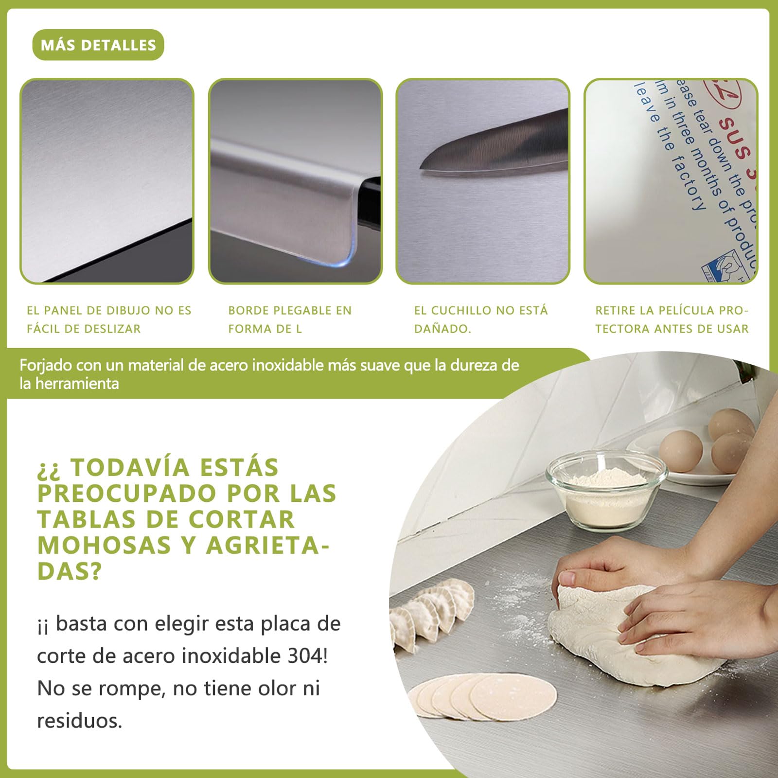 Tabla de Cortar de Acero Inoxidable 304 - Placa de Amasado de Acero Inoxidable para amasar Pizzas, Pan y Pasteles, Doble Cara - con Labios(Size:40 * 70cm)