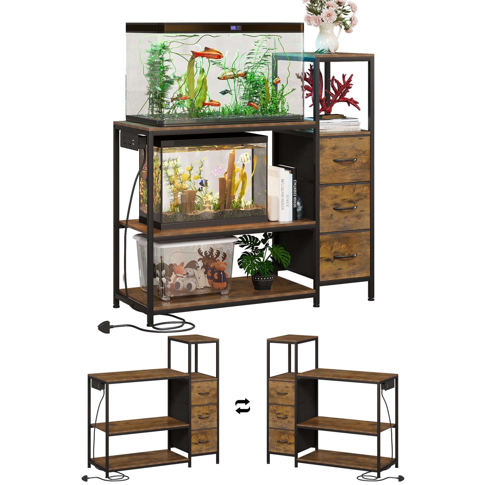 VEDECASA Support d'aquarium avec prises de courant, armoire d'aquarium avec 3 tiroirs en tissu et étagères de rangement à 3 niveaux, cadre en métal robuste, marron rustique, 78 l