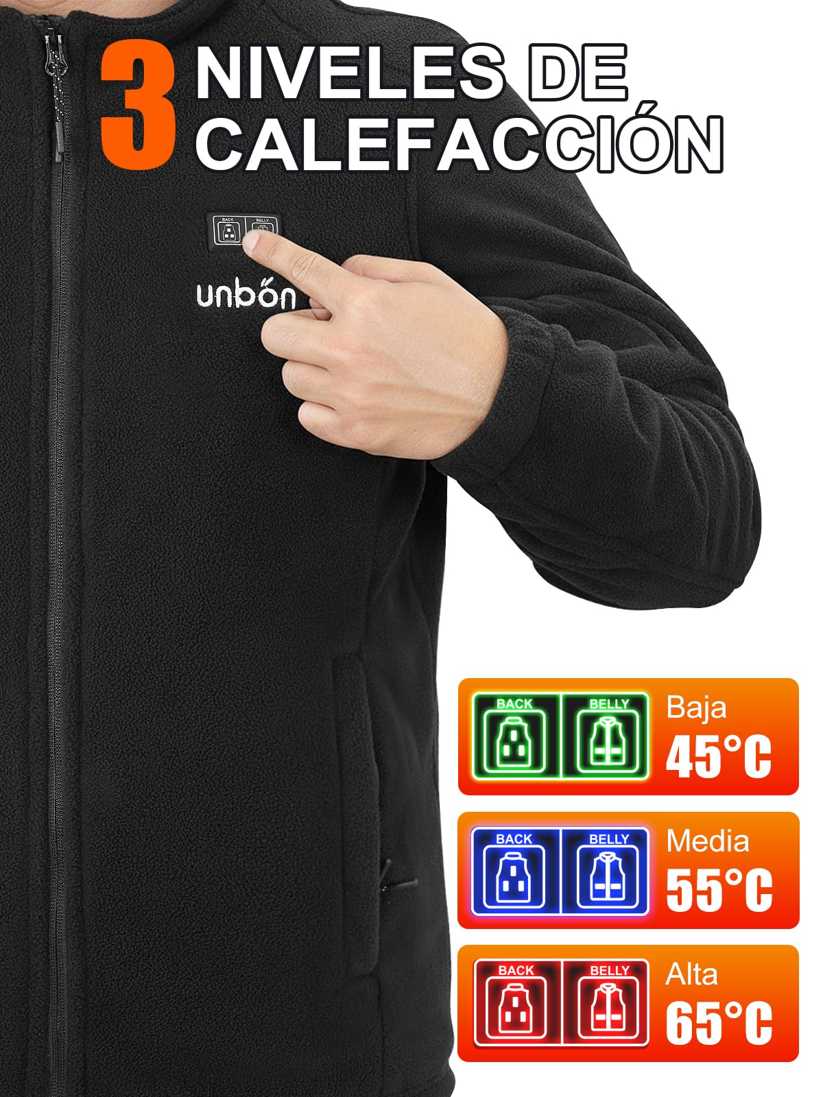 UNBON Chaqueta Calefactable Hombre con Batería USB 10000mAH, Chaqueta con Calefacción Hombre Polar Termica con 3 Temperaturas 6 Zonas de Calor, Abrigo Cazadora Calefactable Para Moto Trabajo Negro S