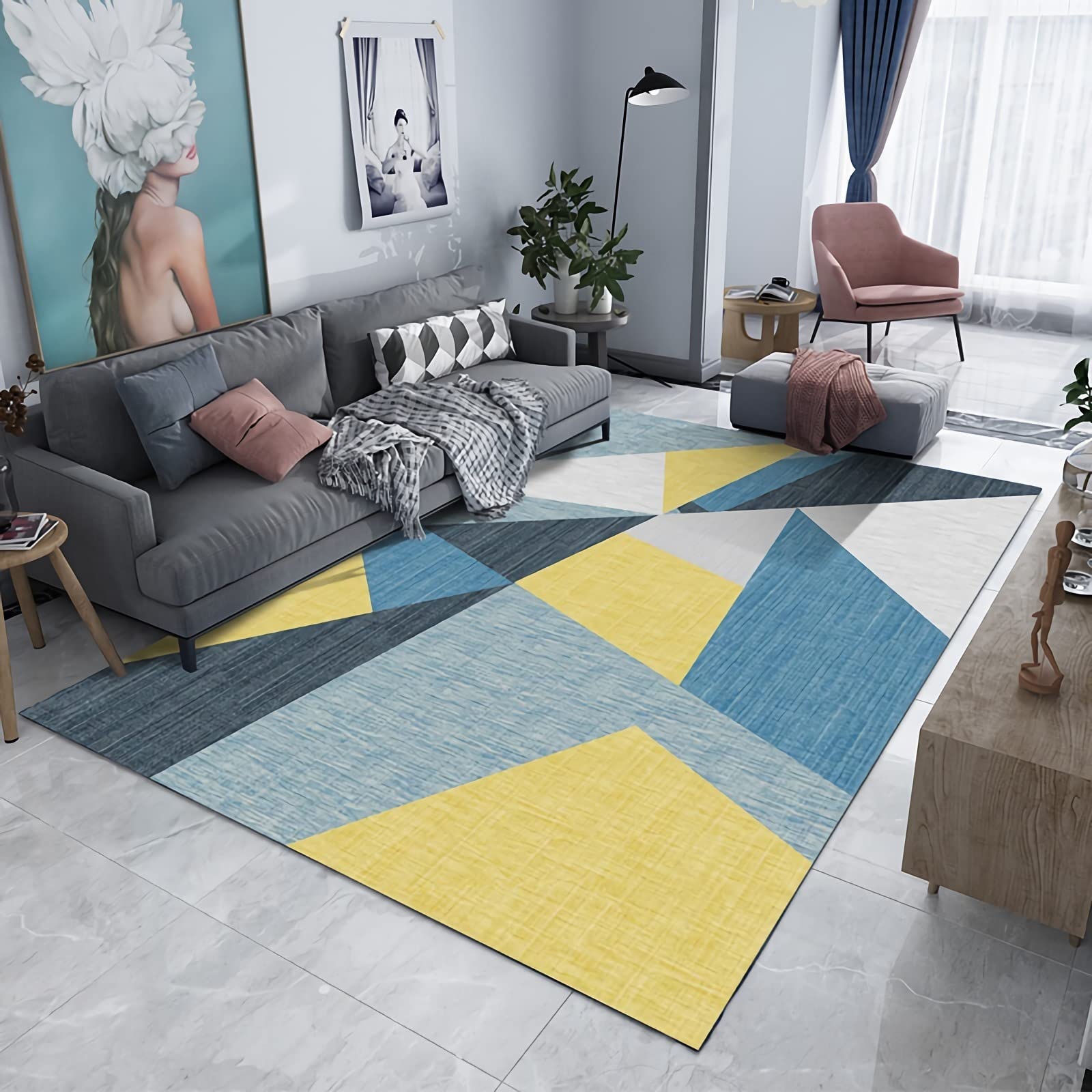 Alfombra dormitorios alfombras decoración del hogar Patrón geométrico Amarillo Azul Gris alfombras de pie de Cama 80x120cm