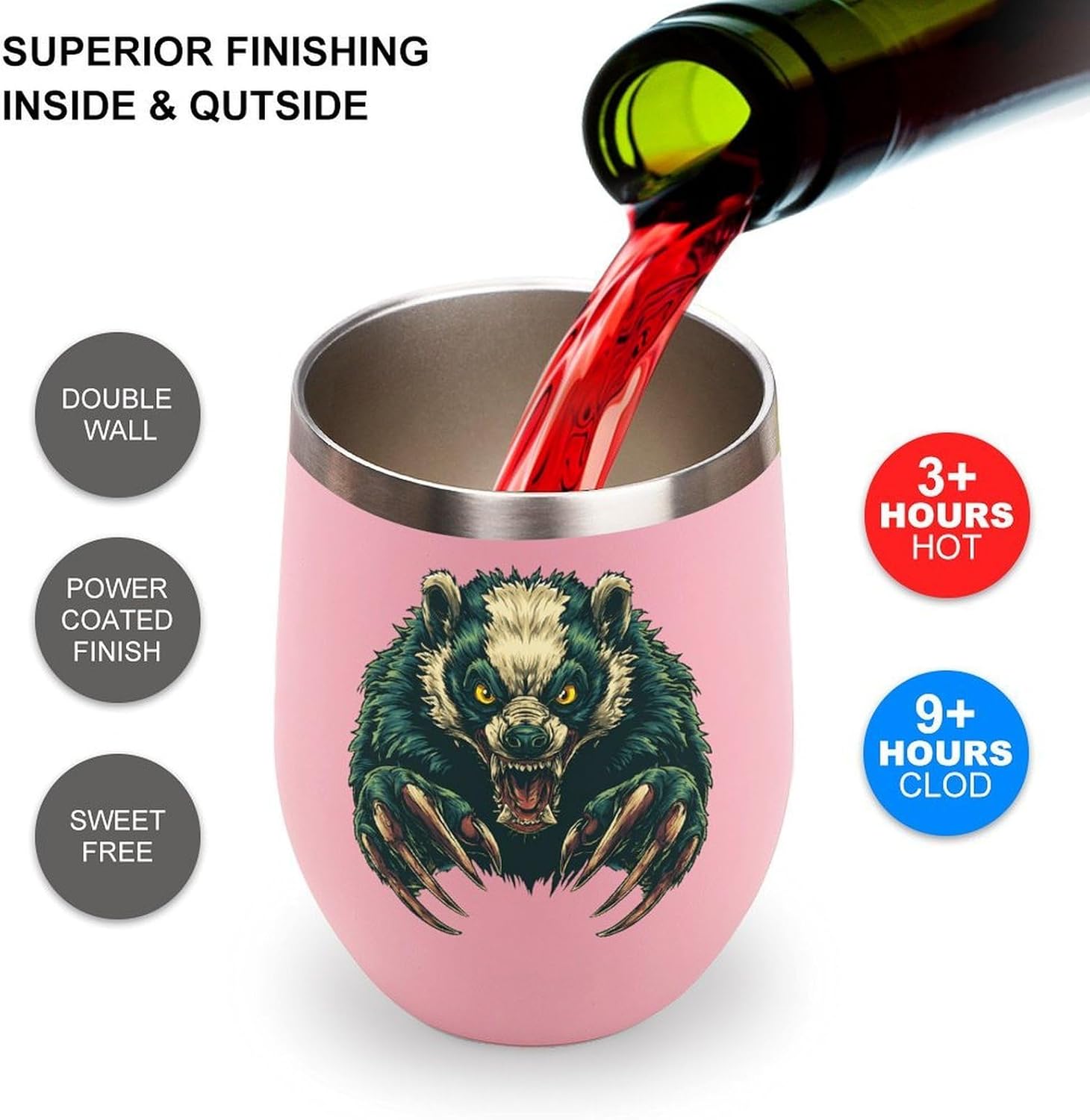Angry Honeybadgers Insulated Drinking Cup Stainless Steel Coffee Mug Wine Tumbler with Lid 12OZ