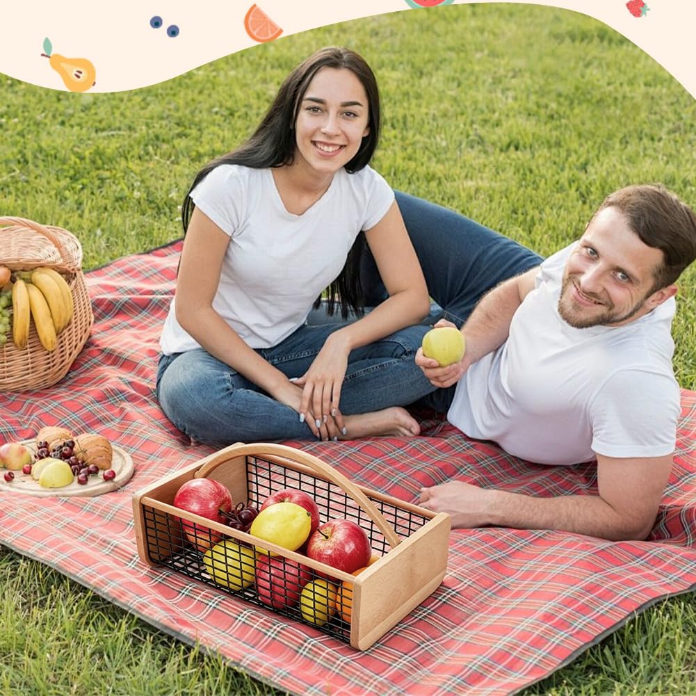 PH PandaHall Cesta de cosecha de jardín, cesta grande de jardín de madera con asa, cesta rectangular de malla de alambre para recoger verduras, frutas y accesorios de fiesta de picnic al aire libre