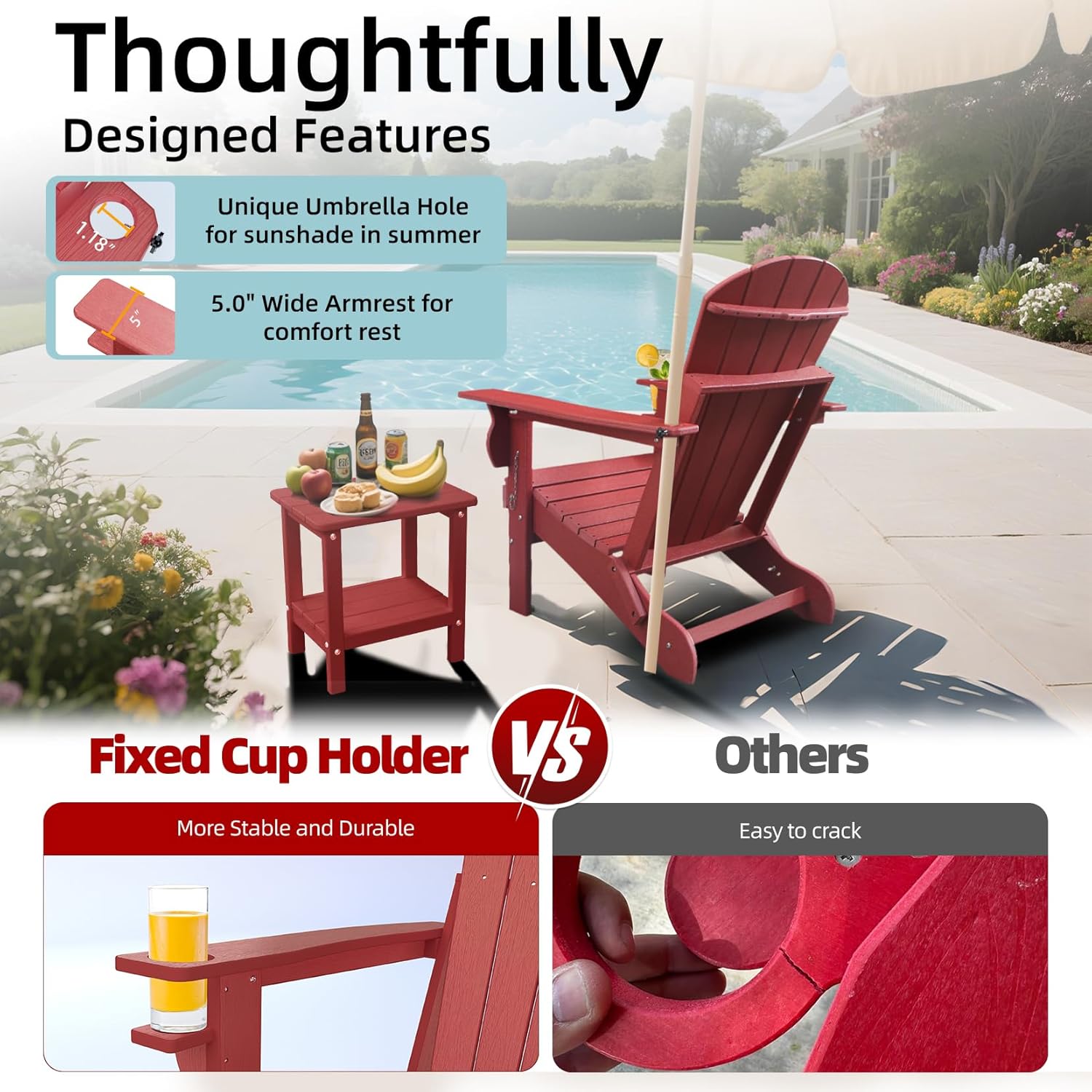 Folding Adirondack Chairs Set of 2, HDPE Fire Pit Chairs Weather Resistant, Outdoor Adirondack Chair with Cup Holder and Umbrella Hole, Wood Texture, Dark Red