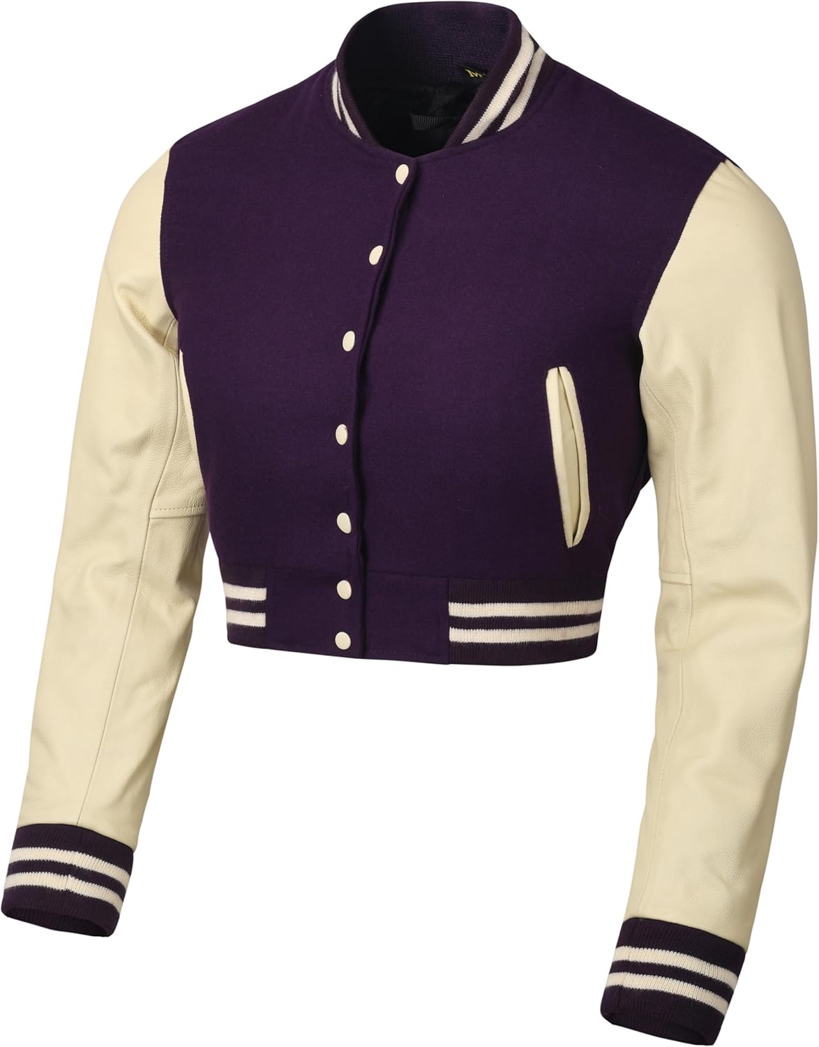 Cropped Varsity Jacket Women - Premium Quality Leather and Wool Baseball Letterman Jacket for Women's, Long Sleeve