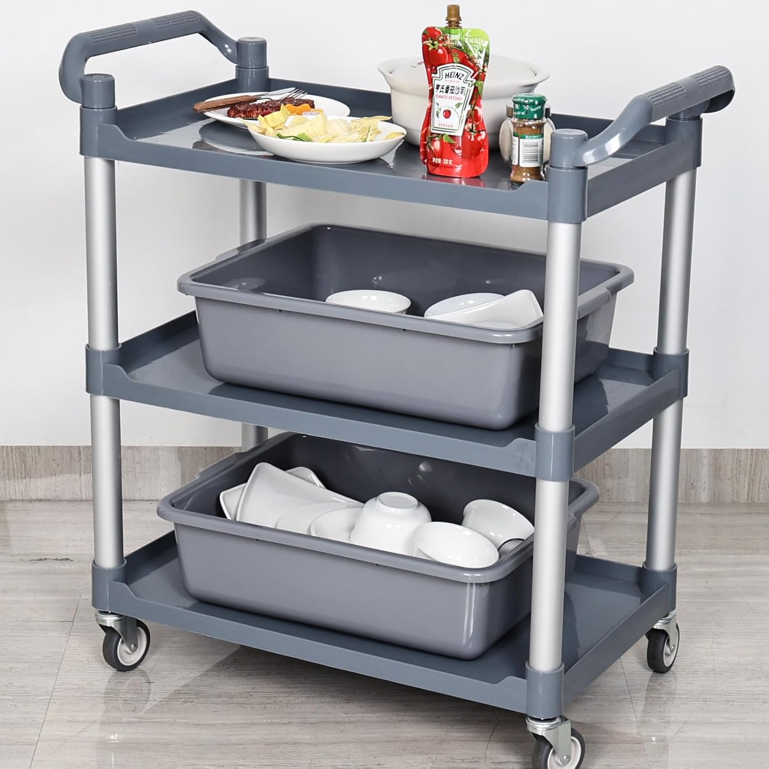 4 Pack Grey Commercial Bus Tubs, 22 L Plastic Bus Box, Rectangular Utility Bus Trays