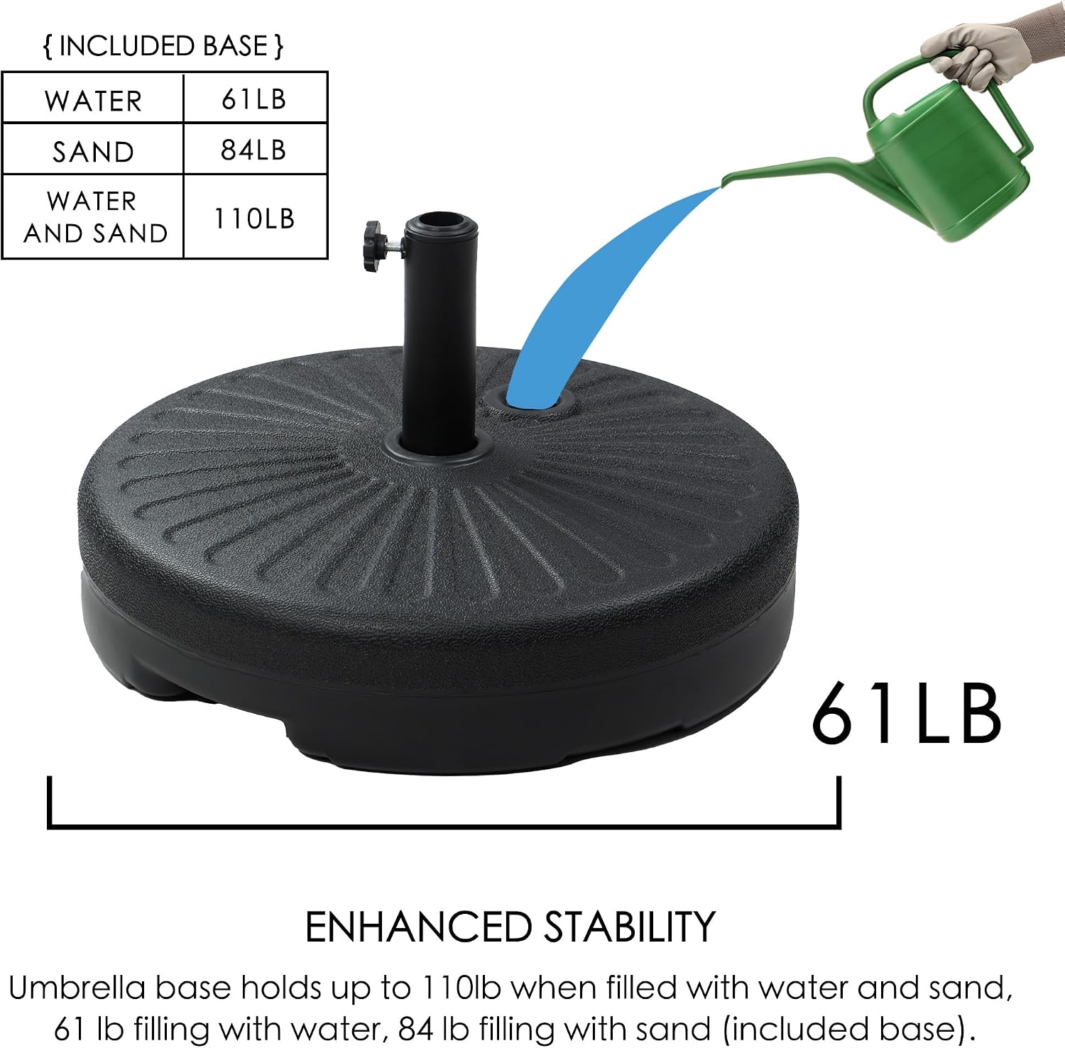 Kozyard Adjustable Universal Round Umbrella Base Outdoor Large Umbrella Base Fits 32mm/38mm/48mm Poles Holds up to 69LB with Water Incloud Base Durable PE Material