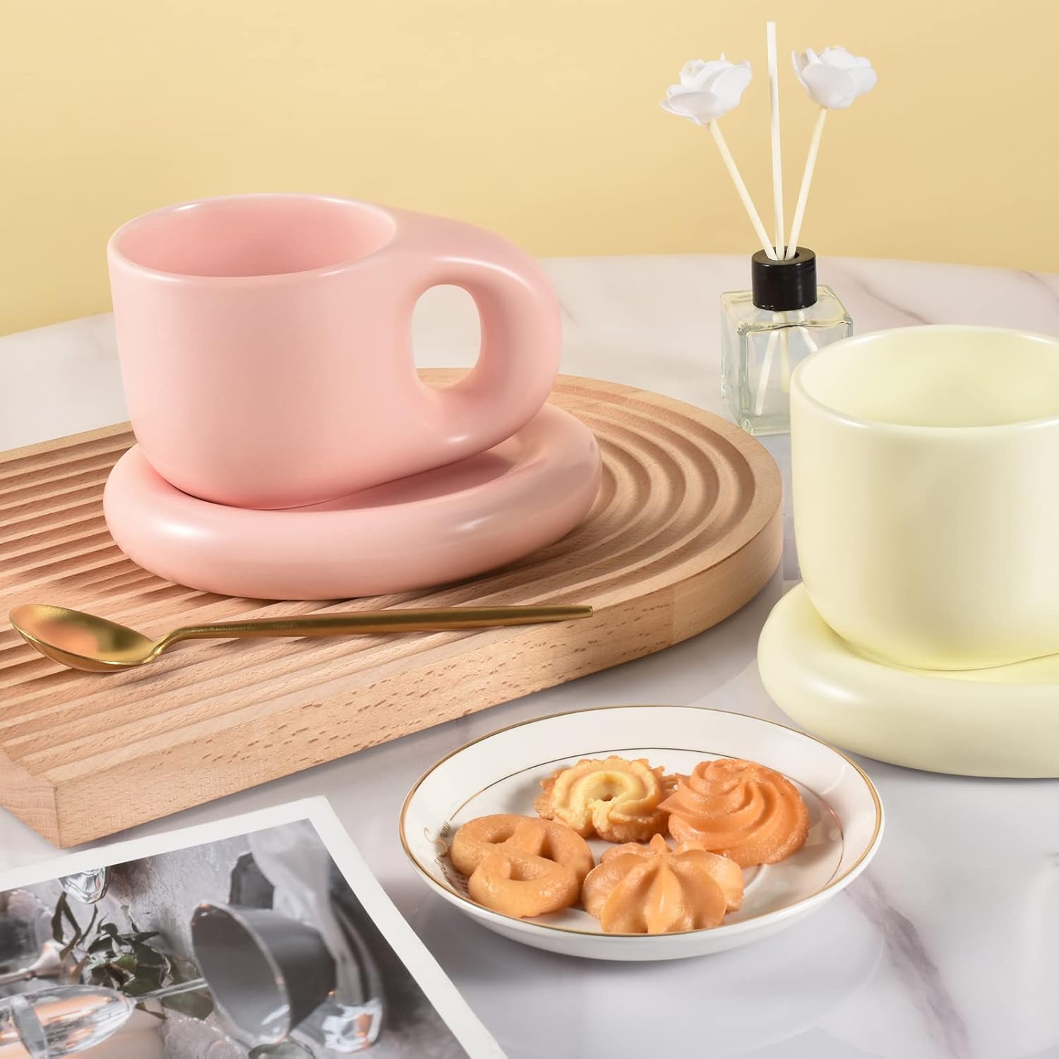 Koythin Ceramic Coffee Chubby Mug Saucer Set, Creative Cute Fat Handle Cup with Saucer for Office and Home, Dishwasher and Microwave Safe, 10 oz for Latte Tea Milk (Pink)