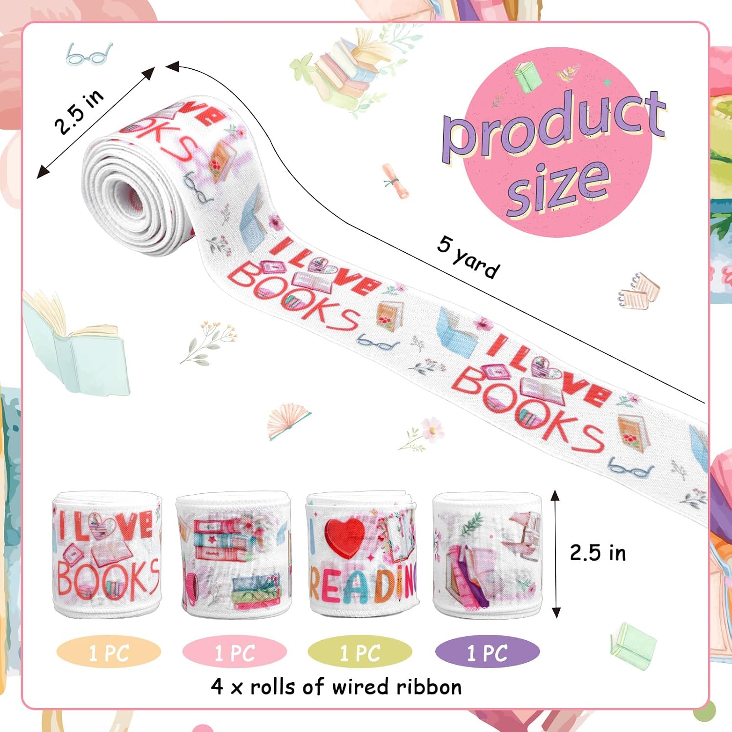 4 Rolls 20 Yards Book Ribbons for Wrapping Gift Packing DIY Craft Wreath Hair Bow Book Club Wired Edge Ribbon Library Reading Birthday Baby Shower Wedding Party Supply Home Accessory Decor image 5
