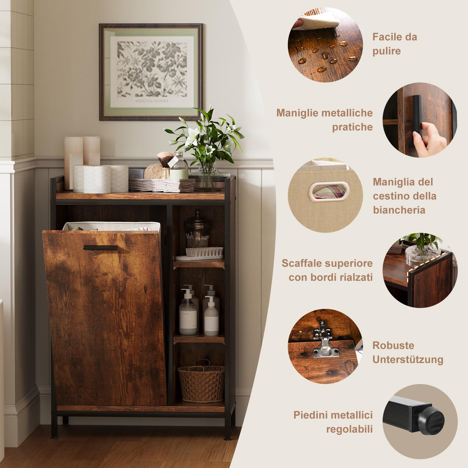 ELUCHANG Mobiletto bagno con portabiancheria(50L)-2 in 1 Mobile bagno salvaspazio per Bagnos,Sacchi Interni Rimovibili Lavabile, Soggiorno, lavanderia,camera da letto,63x30x91cm,Vintage+Nero