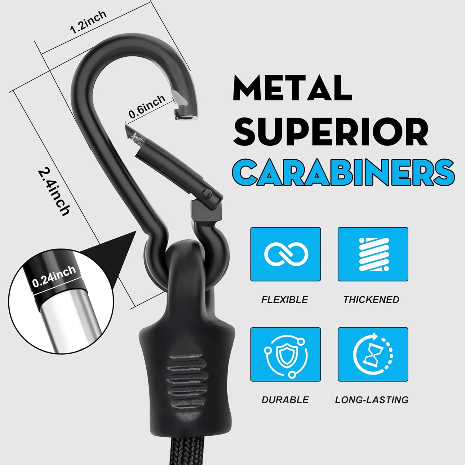 Adjustabl Bungee Cords with Hooks, 36 Inch Long Heavy Duty Black Bungee Straps with Carabiner Clip Outdoor, Adjust from 7’’ to 36’’ Elastic Rope for Camping, Cargo, Bike, Luggage, Carts, Truck, 4 Pack