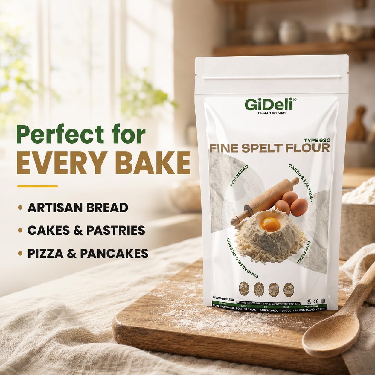 GiDeli Dinkelmehl Typ 630 Hell, Fein Gemahlen zum Brot Backen, 4x5kg