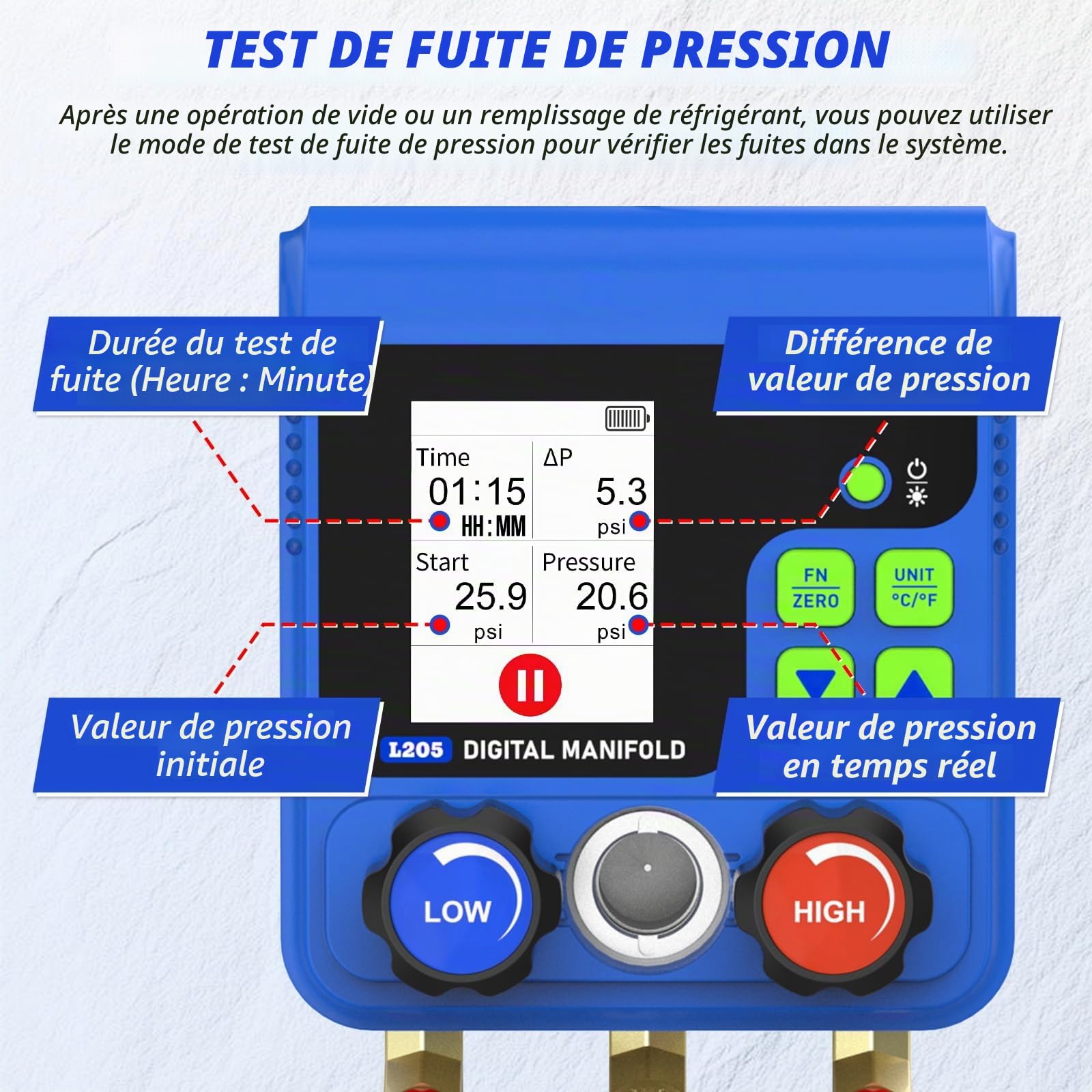 MRCARTOOL Outil de montage de réfrigérant L205 Distributeur numérique pour climatisation avec affichage de 92 réfrigérants HVAC R134A R32 R410A R11 R12 R422 R600