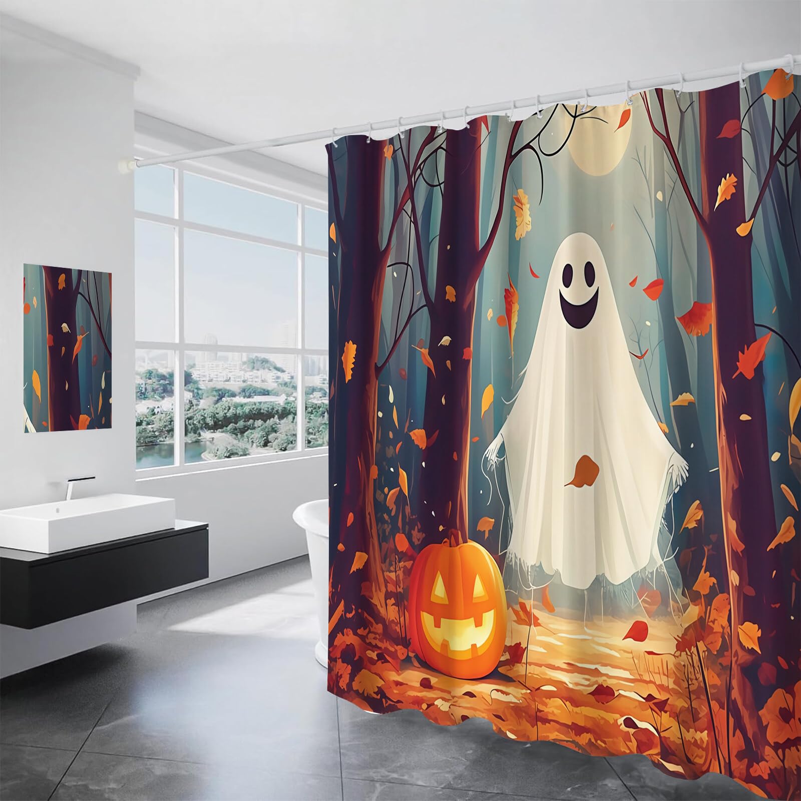 Duschvorhang Halloween Kürbisgeist Wald-Cartoon Duschvorhänge H240Xb200Cm | Anti-Schimmel Wasserdicht Polyester Stoff Waschbar Bad Vorhäng Für Badzimmer Mit Haken