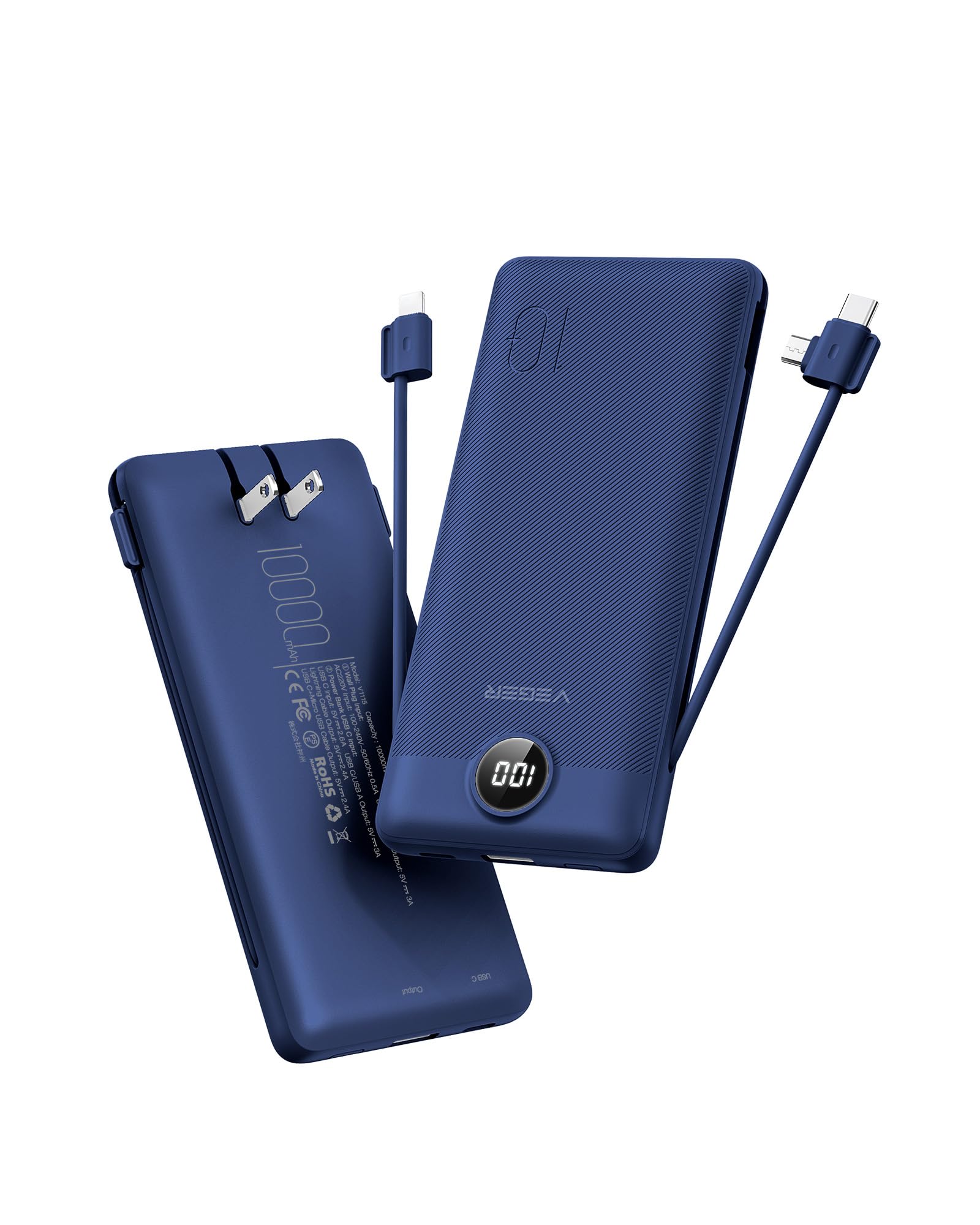 VEGER Portable Charger for iPhone, Power Bank Built in Cables and Wall Plug | 10000mAh,Ultra Slim&Compact,5 Outputs,LED Display,Flight-Safe,Travel Essentials Battery Pack for iPhone 17,iPad, Samsung,e