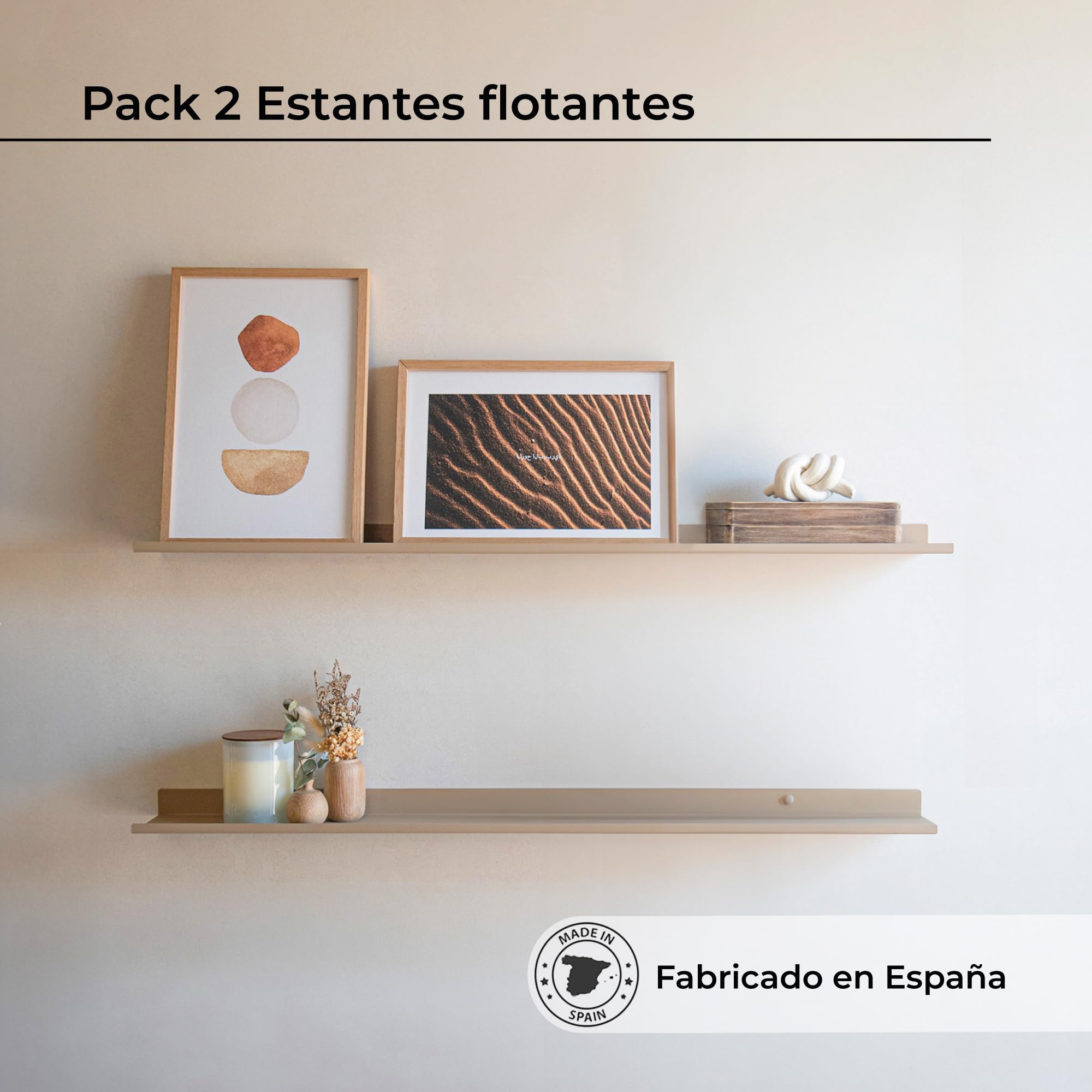 MILUKA Estanteria Pared 70 x 10 cm - Set 2 Estantes Flotantes en Metal Beige Arena - Baldas Pared Estrechas para Cuadros, Fotos y Objetos - Repisas Modernas para Decoración Habitación y Salón