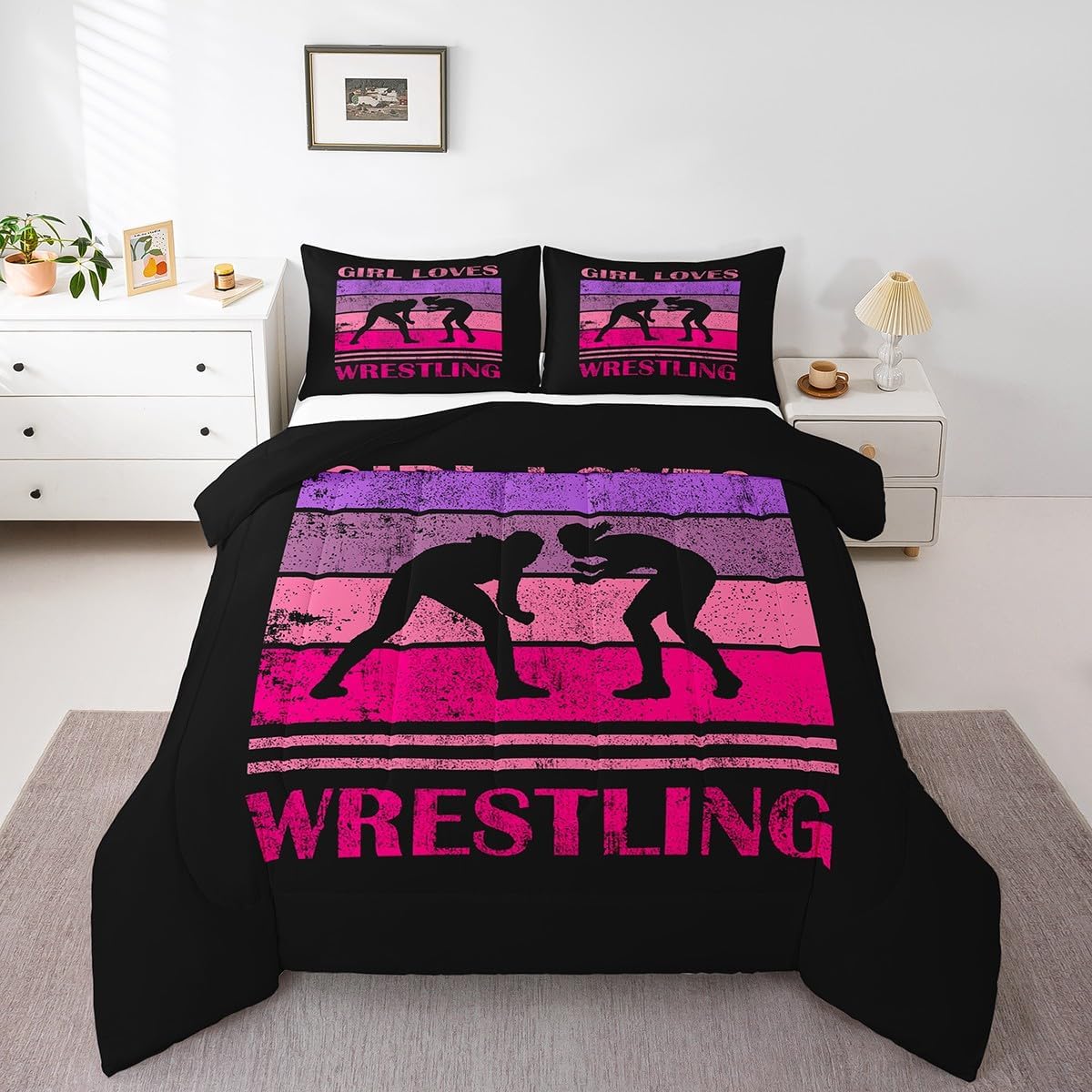 Feelyou Girls Wrestle Comforter Set Twin Size Women Pink Wrestling Bedding Set for Wrestles Comforter Sports Room Decor Bed Set with 1 Comforter, 1 Pillow Case Quilted Duvet