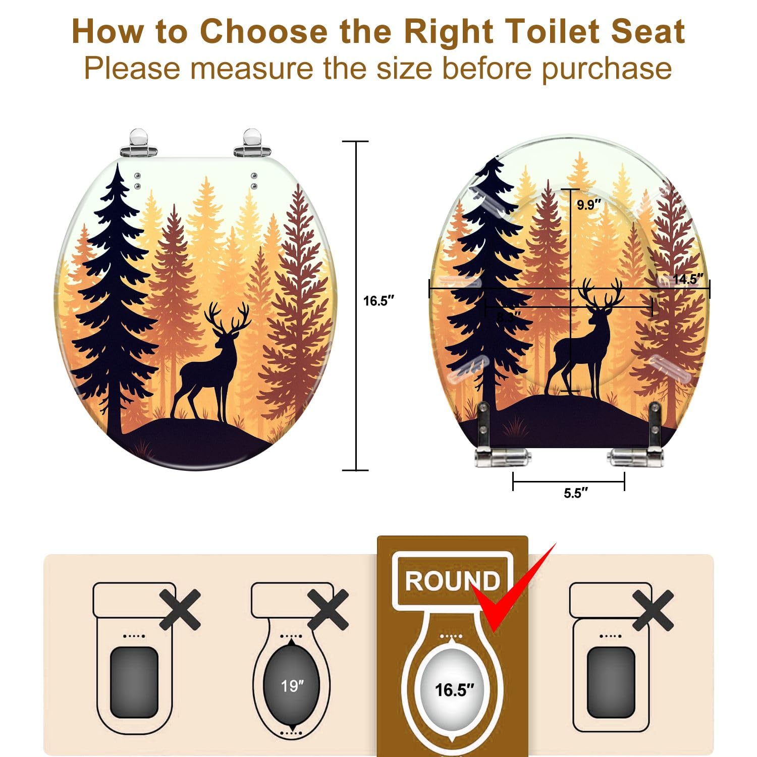 Round Toilet Seat Orange yellow sunset coniferous forest Deer antlers posing covered Resin Toilet Seat Quietly Close Quick Release Hinges with Cover Bumpers Decorative Easy to Install Clean