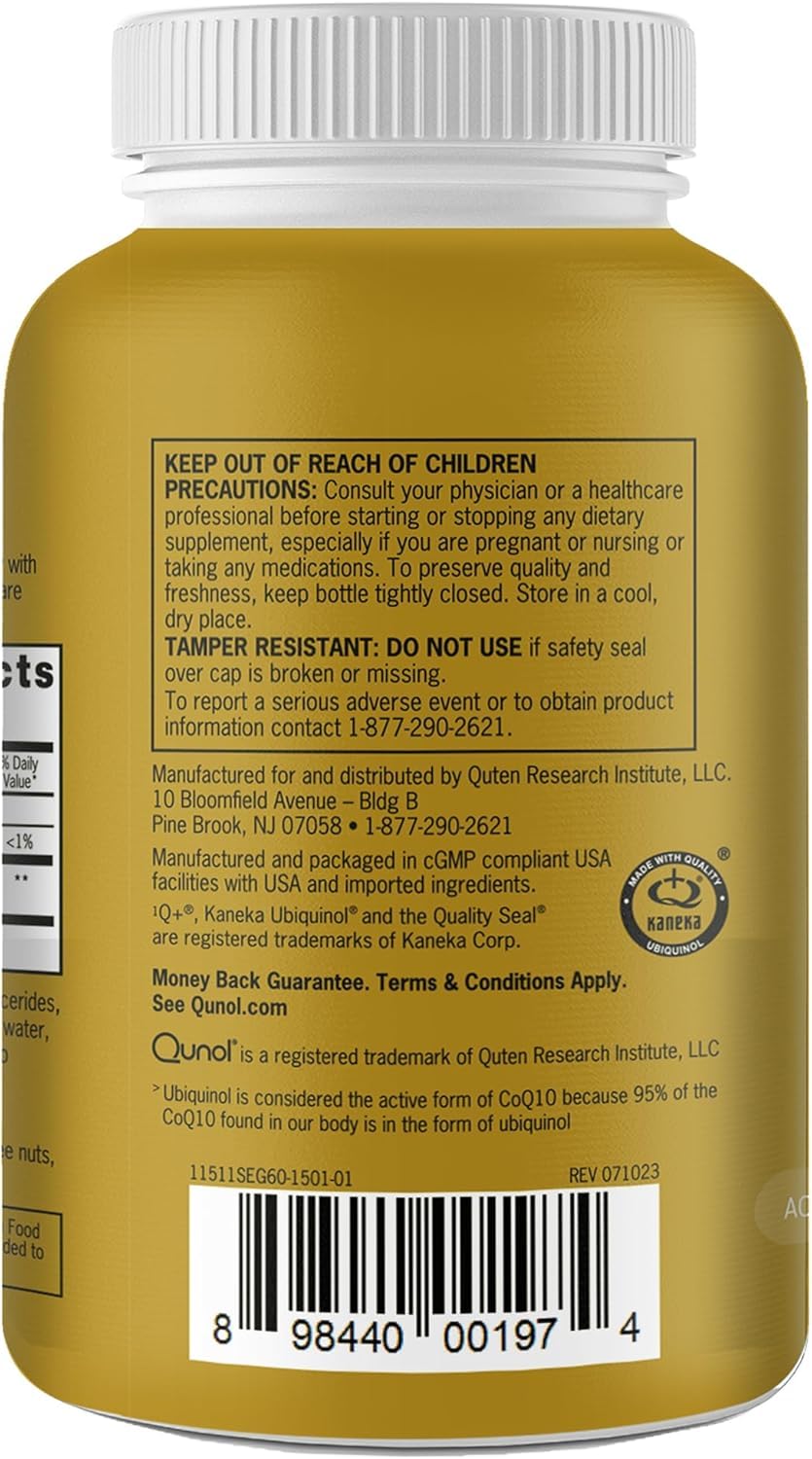 Qunol Ubiquinol CoQ10 Lot de 60 gélules molles 100 mg, Ubiquinol – Forme active de coenzyme Q10, antioxydant pour la santé cardiaque, niveaux de pression artérielle sains, bénéfique pour les