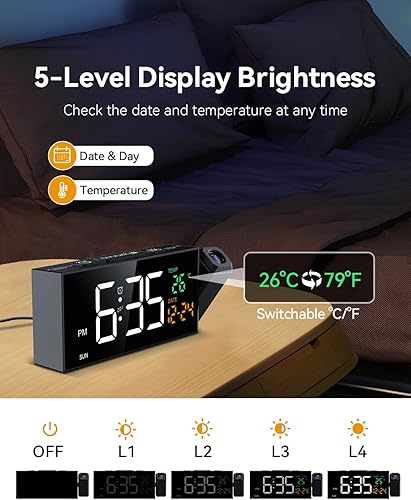 Miniatura 4 de Reloj de proyección Netzu para techo de dormitorio, relojes despertadores con proyector giratorio de 180, fecha, temperatura y día de la semana, DST