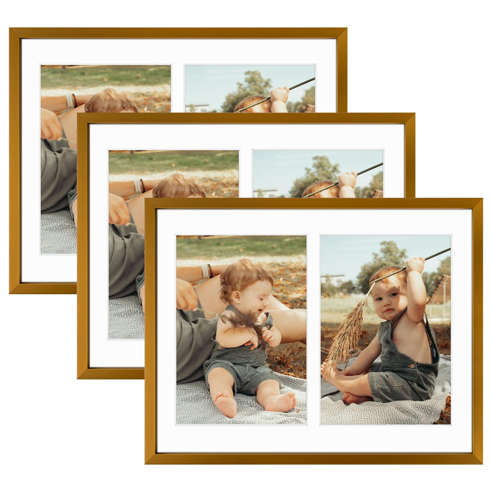 Golden State Art, 5x7 Aluminum Collage Frame, Display 7x5 Pictures With 2 Openings Mat or One 8.5x11 Photo, Real Glass, Portrait/Landscape Wall Display, Bronze, 3 Pack