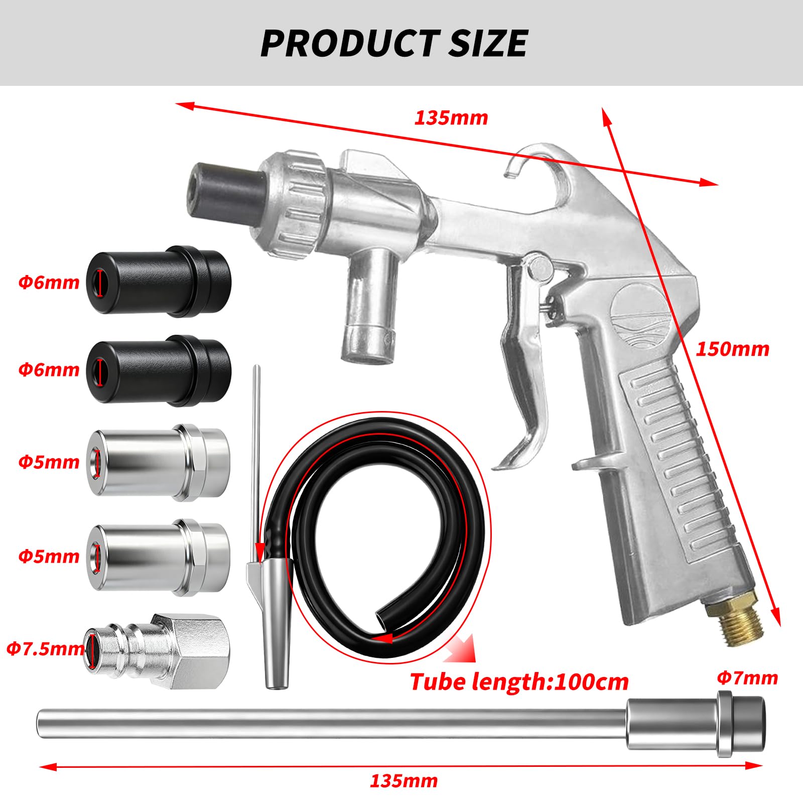 Kit de sablage à air comprimé, pistolet de sablage avec alimentation siphon de 1 m, buse de sablage en métal de calibre 5 mm à 6 mm, convient pour les appareils de sablage, les dégraissants et les