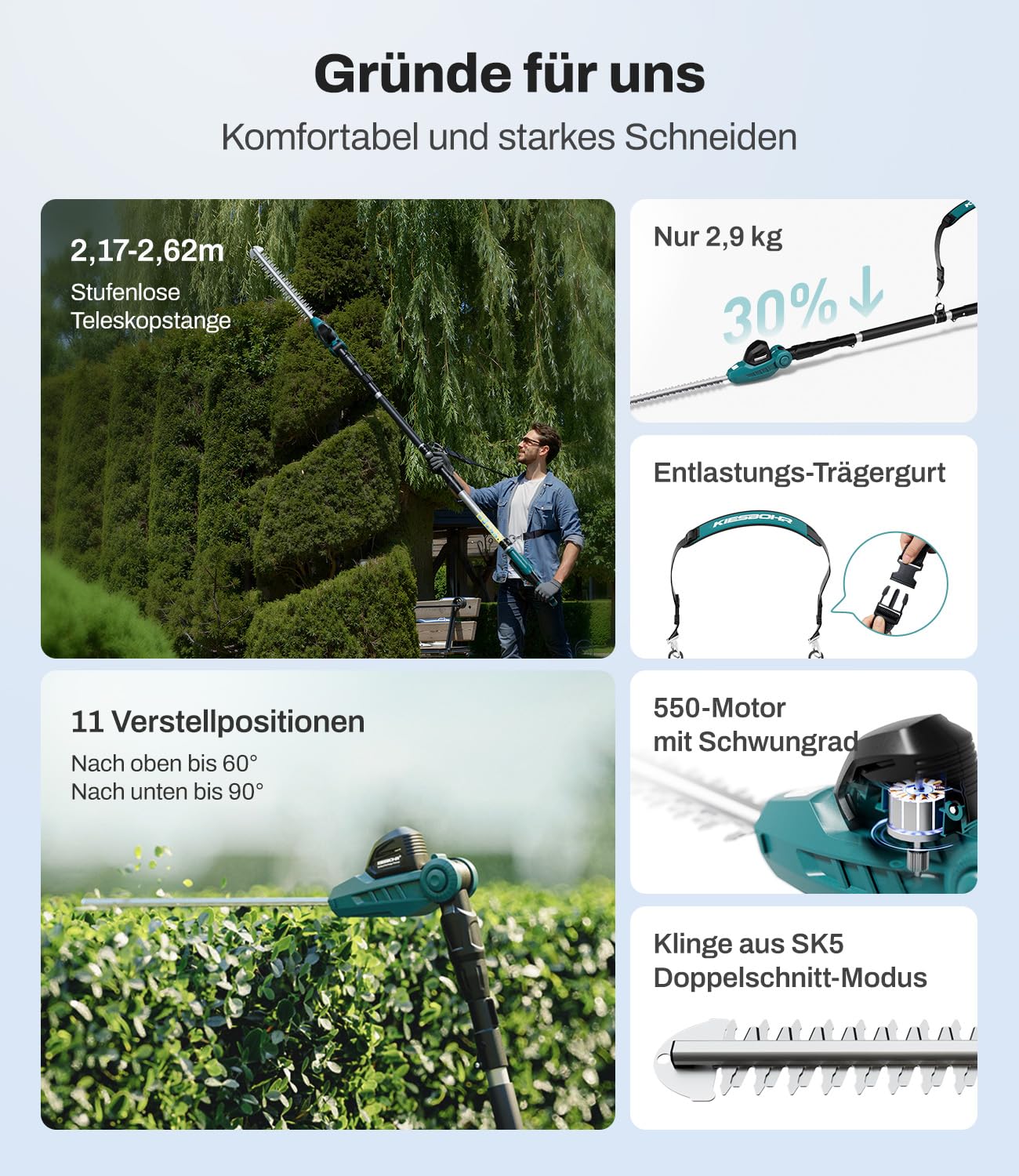 CSL401 Akku Teleskop-Heckenschere kompatibel mit Makita 18V-Akkus, Schnittbreite 41 cm, Zinkenabstand 16 mm, Höhe bis 262 cm, 11-Fach winkelverstellbarer Schneidkopf (ohne Akku)