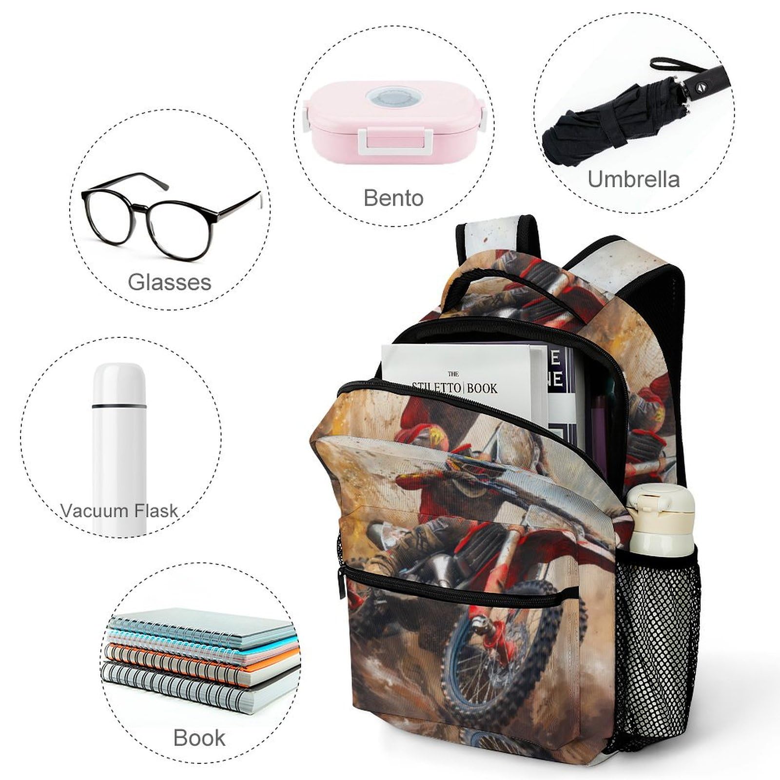 Moto de cross Mochilas De Viaje Transporte Morral Con Bolsillos Laterales Mochila Escuela Para Colegio Viaje Cámping Primaria Pequeña Guardería Mochila One Size