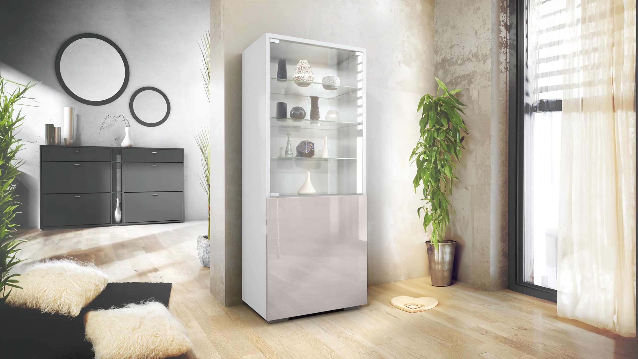 Vitrine Granada, Made in Germany, Vitrinenschrank mit Glastür und Glaseinsatz, Weiß matt/Sandgrau Hochglanz (50 x 122,5 x 34,5 cm)