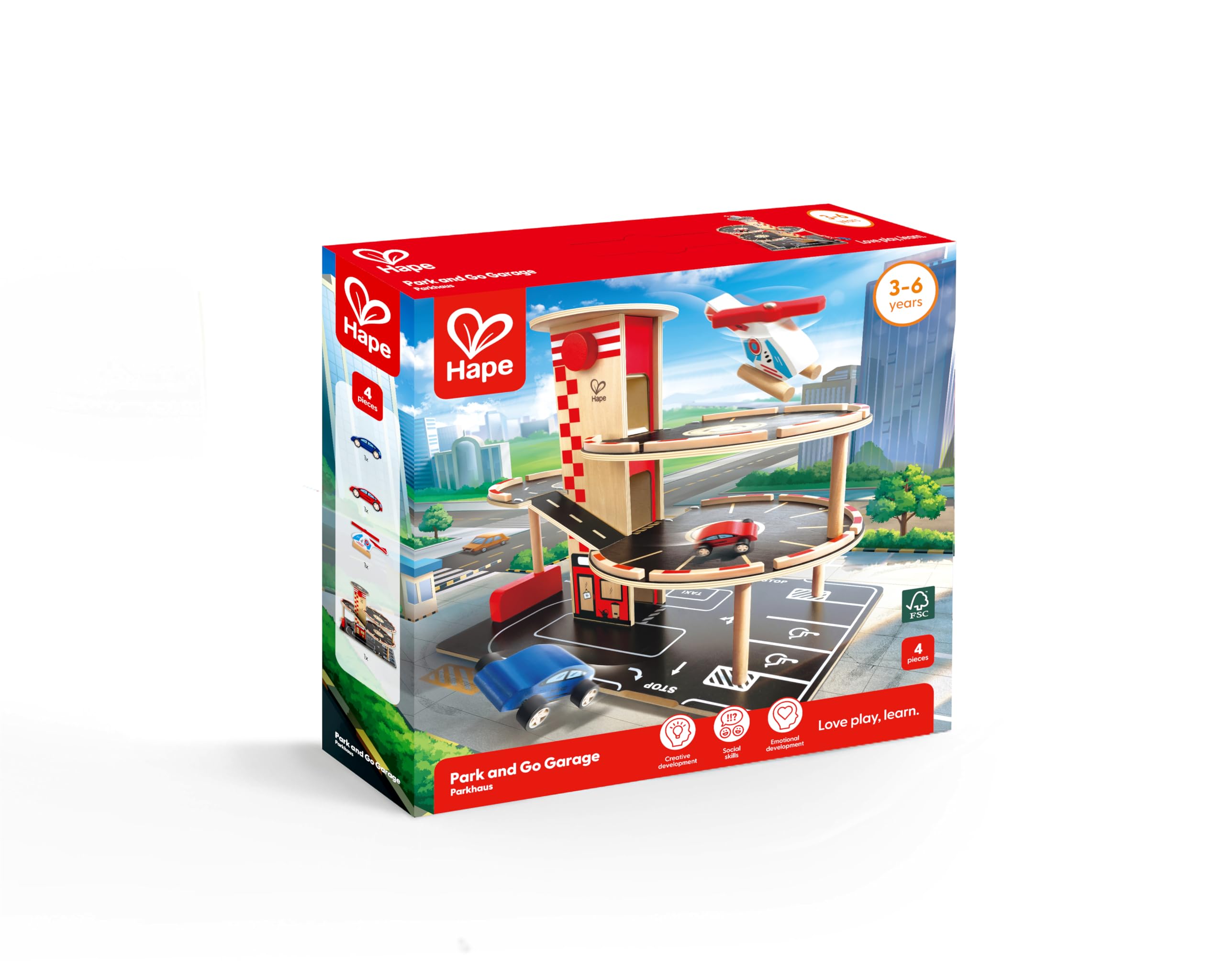 Hape Parkhaus Spielset - aus Holz, Autogarage auf DREI Ebenen mit Autos und Hubschrauber, fördert Motorik, Rollenspiel & Kreativität, Spielzeug für Kinder ab 3 Jahren