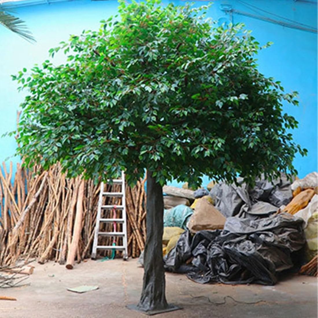 Arbres Banyan Artificiels Verts avec Tronc en Bois Véritable, Faux Arbre Banyan Simulé, Grands Arbres Décoratifs Artificiels, Plantes Vertes, Décorations Salon Intérieur,Round-3x2.5m