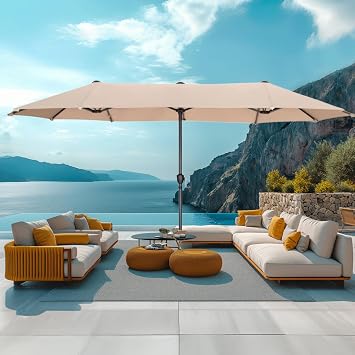 MFSTUDIO 13ft Outdoor Patio Umbrella, Double Sided Large Rectangular Umbrella Market Table Twin Triple Rectangle Umbrellas with Crank Handle for Outside Picnic Backyard Deck Pool no base