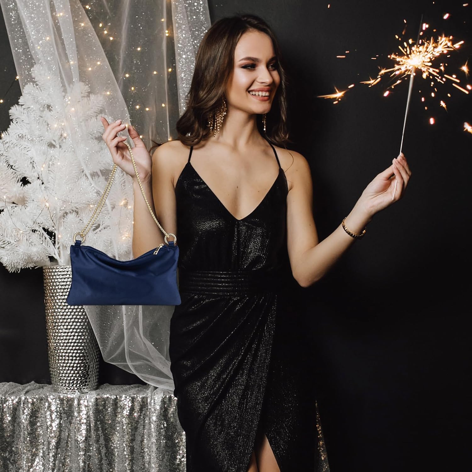 Women Satin Evening Handbag Wedding Prom Clutch Purse Formal Cocktail Party Clutches Shoulder Bag with 2 Bag Chains - Image 3