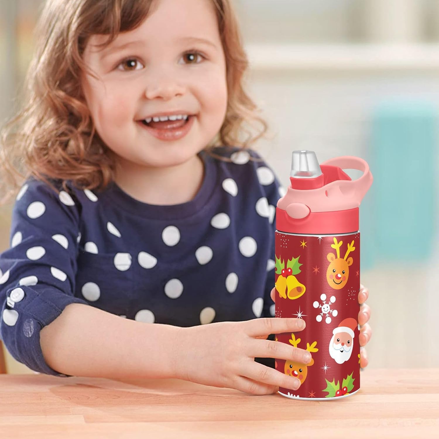 ALAZA Christmas Reindeer Santa Kids Water Bottles with Lids Straw Insulated Stainless Steel Water Bottles Double Walled Leakproof Tumbler Travel Cup for Girls Boys Toddlers 12 oz,Pink - Image 7