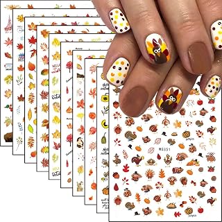 10 Sheets Fall Nail Stickers for Nail Art Thanksgiving Nails Art Stickers 3D Self Adhesive Cute Turkey Nail Decals Autumn Maple Leaf Pumpkin Nails Supplies for Women Holiday Manicure Decorations