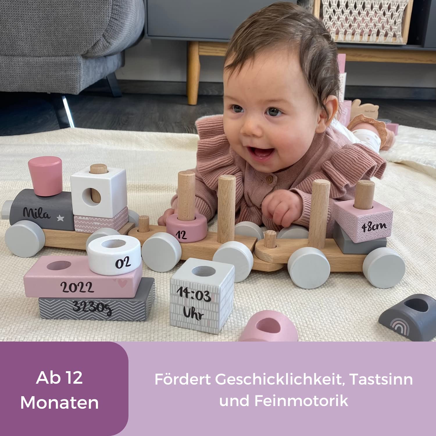 Holz Eisenbahn rosa - personalisierbar I Geschenk zur Geburt Mädchen I Handmade Holzspielzeug mit Steckformen I Personalisierte Geschenke Baby I Holzzug mit Name & Geburtsdaten