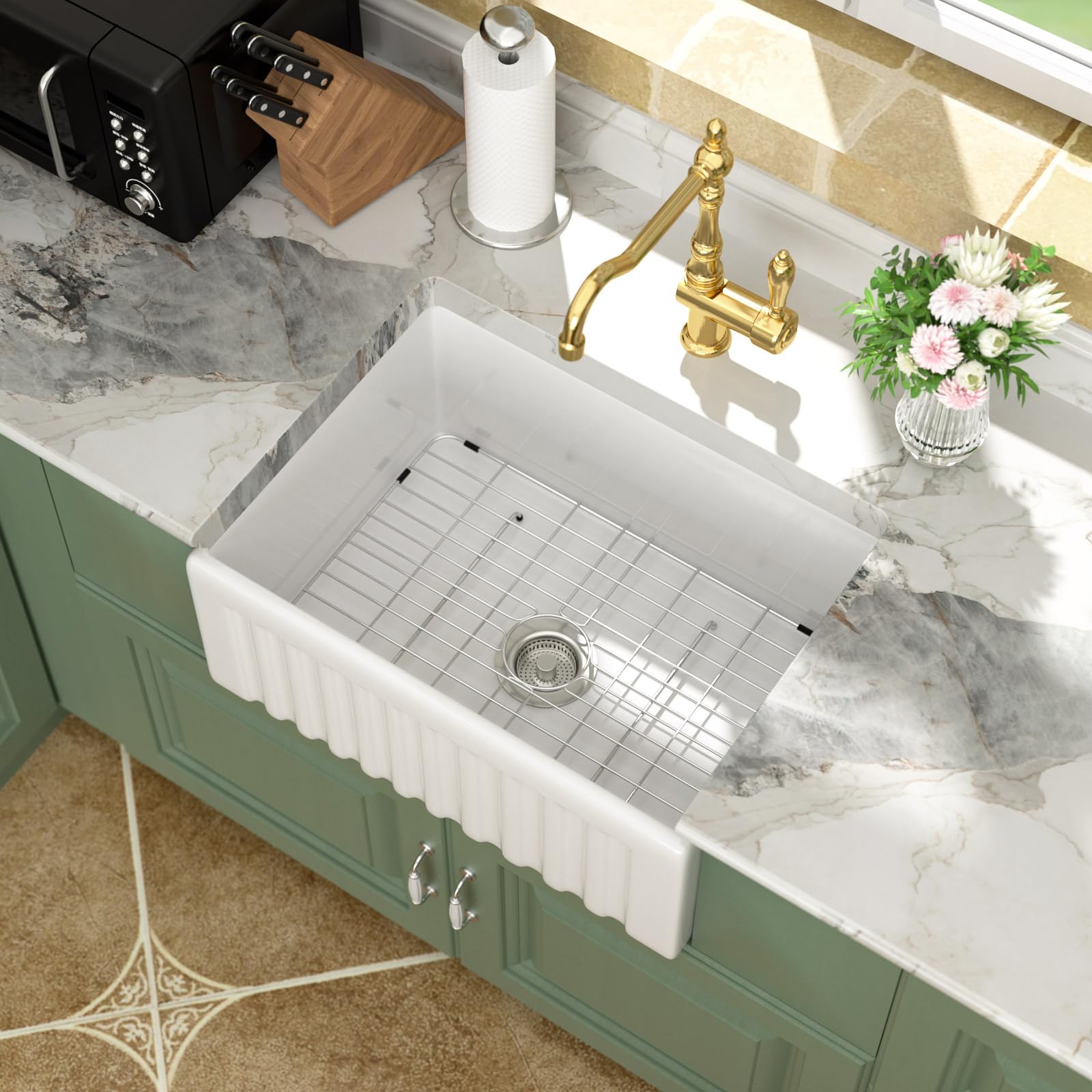 Évier de ferme blanc Logmey LM-AW2418D2S 61 cm en argile réfractaire à cuve simple encastré