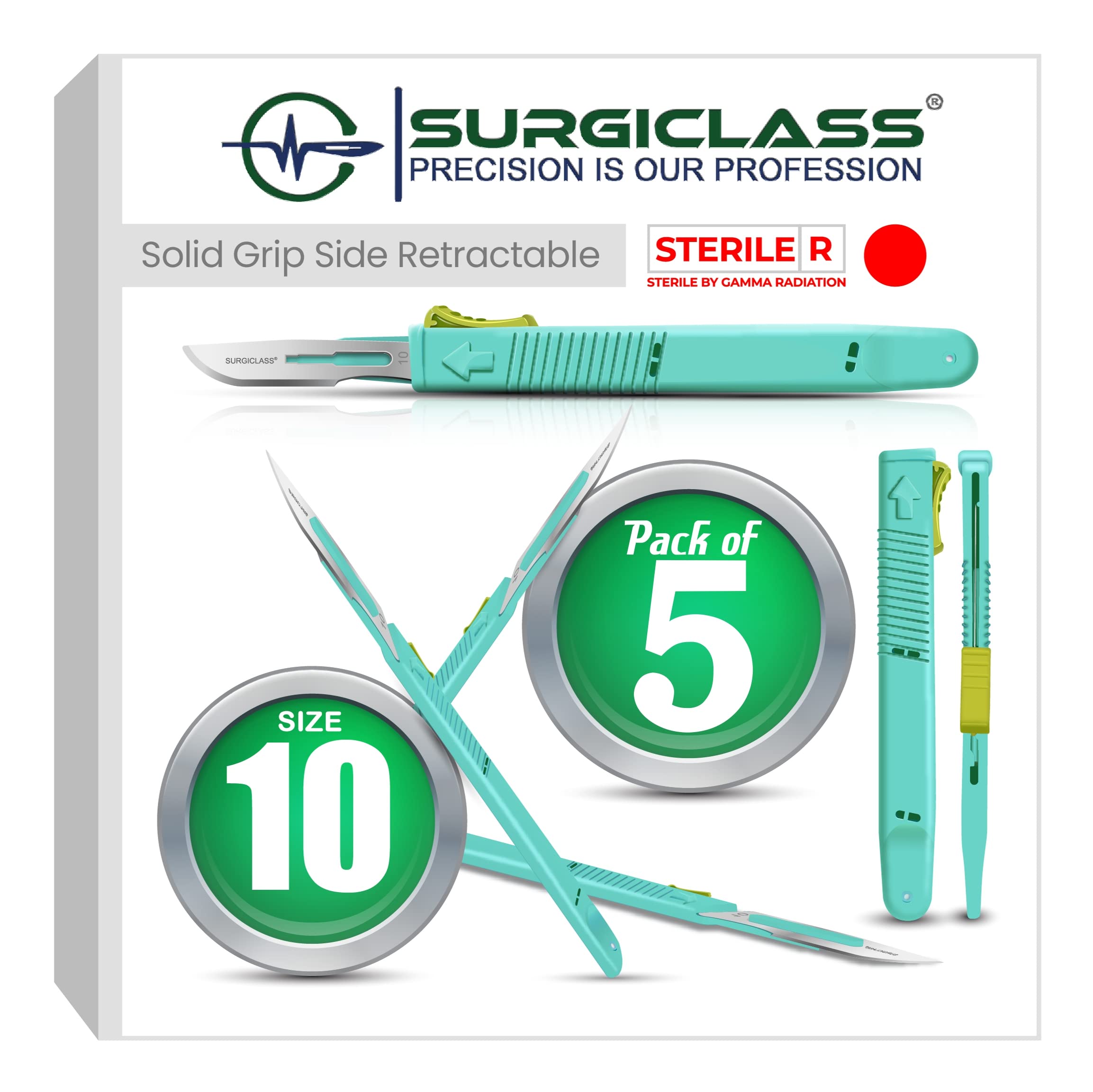 Surgical Scalpel Surgical Blades # 10 Surgical Steel Sterile ● Pack of 5 ● Retractable ● Perfect for Wood Art, Surgical, Sculpting, Repairs, Lab Anatomy, Sign, Card Making Lab Training SURGISID10-5