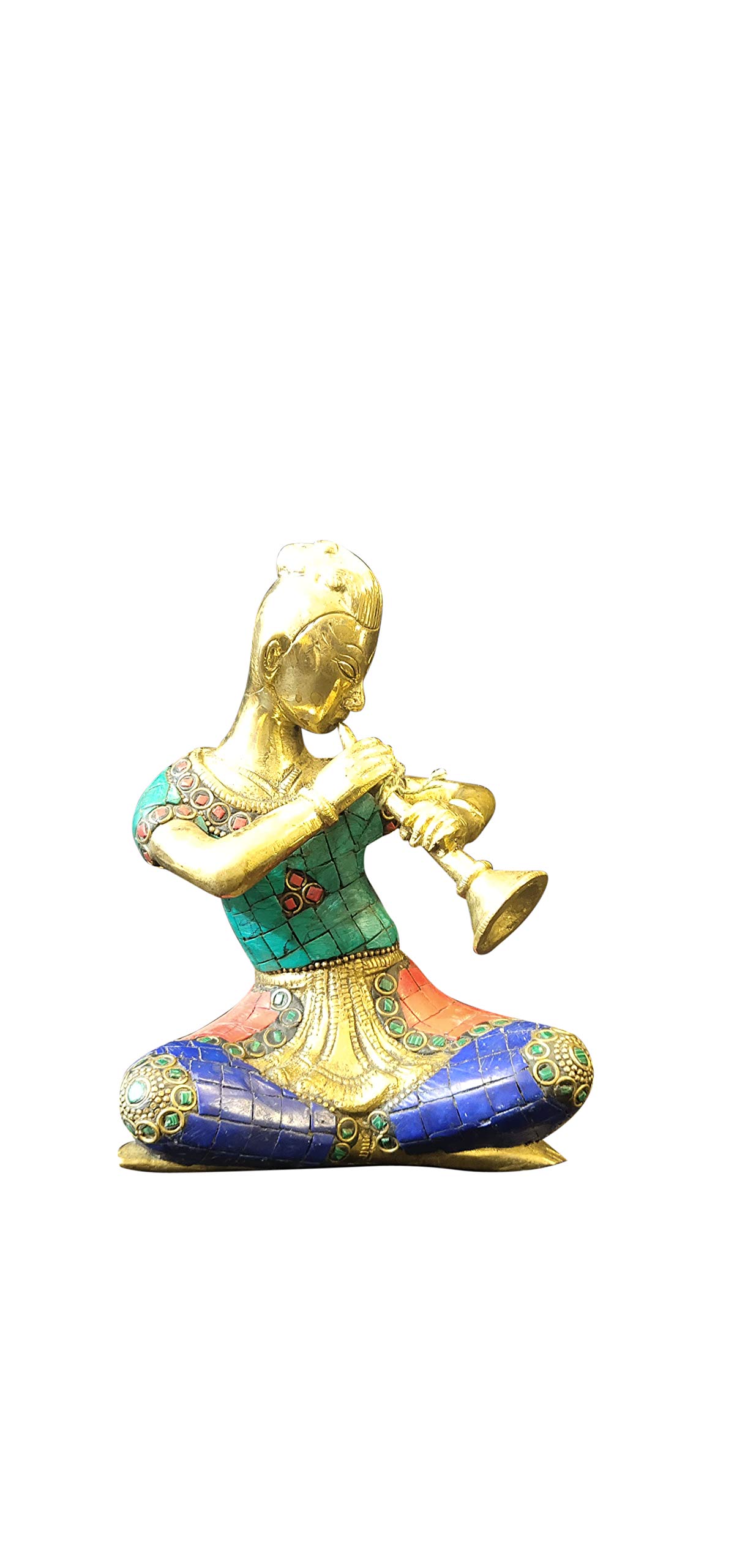 PEETALPEEPAL Musician playing Shehnai (With Colour Stones), Solid Brass Sculpture Artifact, Brass Finish, Handicraft