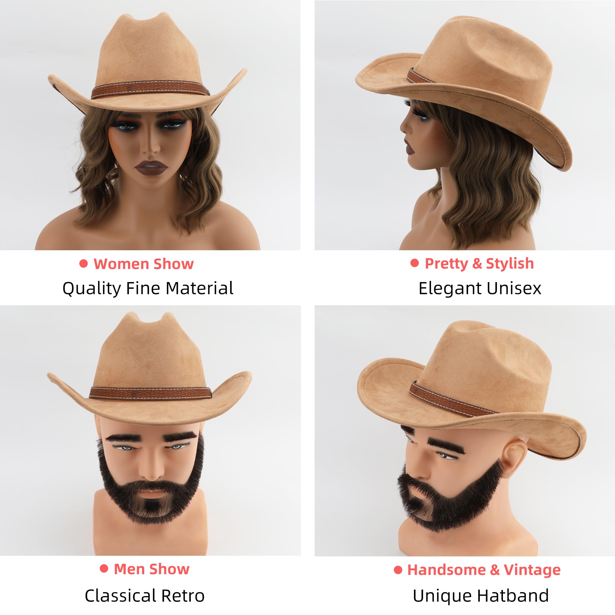 Cappello da cowboy occidentale per donne e uomini, piccolo cappello corto a tesa larga da spiaggia cowgirls cappelli da cowboy