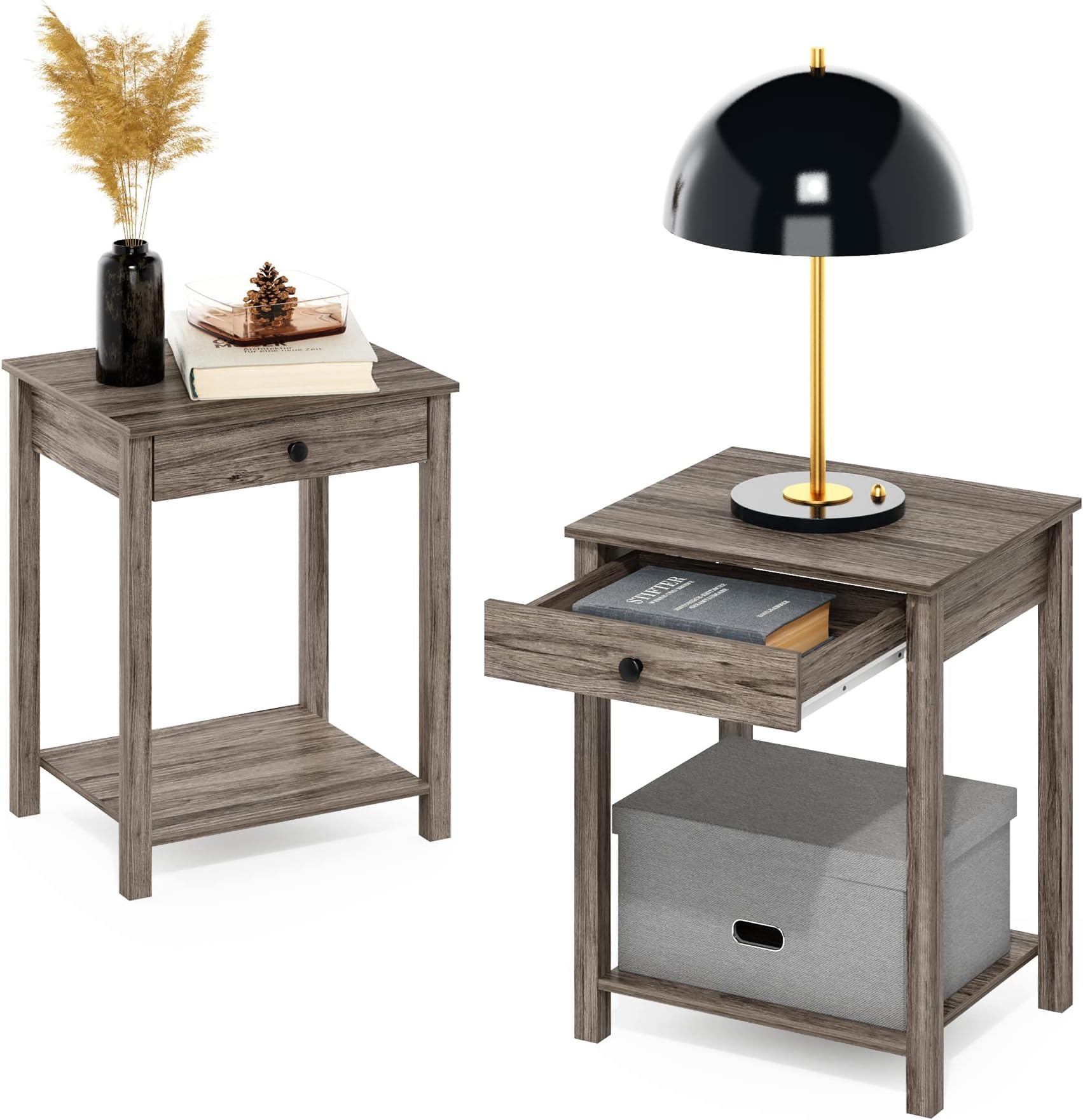 Classic Side Table with Drawer, 2 Pack, Rustic Oak