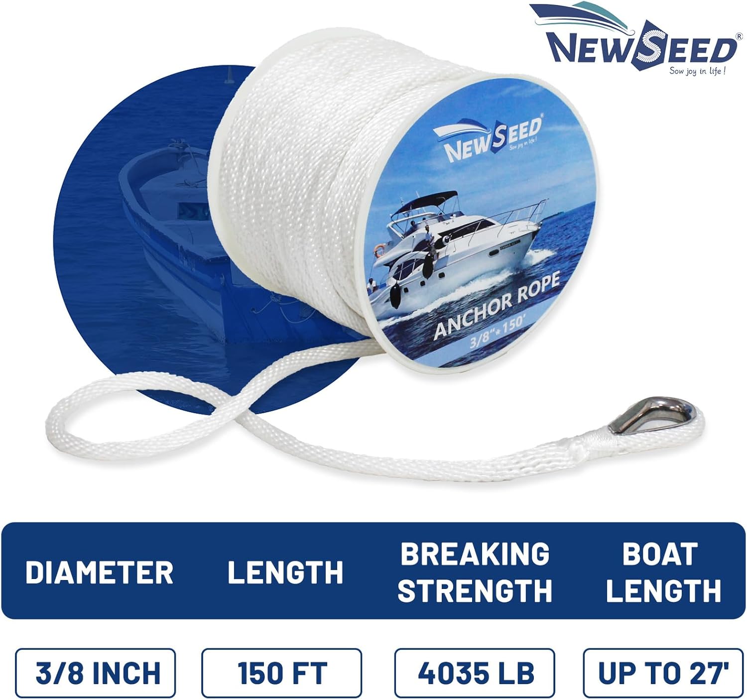 NEWSEED Anchor Rope 3/8" x 150FT Solid Braid Boat Anchor Line – 4035 lbs Break Strength, Marine Grade Rope with 316 Stainless Thimble – Heavy Duty Docking Line for Boats, Kayaks, Fishing, White - Image 3
