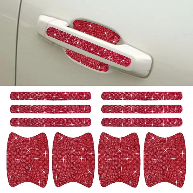 ZIMISI Protetor de Soleira e Puxador de Porta Automotivo com Strass Vermelho, Adesivo Decorativo, Kit com 10 peças